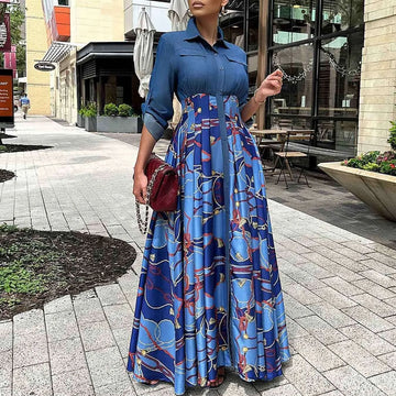 C8551 Spring Oversize Women'S Fashion Casual Denim Patchwork Printed Long Dress With Large Hem for Women Bohem Elegant Dress