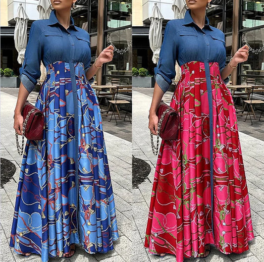 C8551 Spring Oversize Women'S Fashion Casual Denim Patchwork Printed Long Dress With Large Hem for Women Bohem Elegant Dress