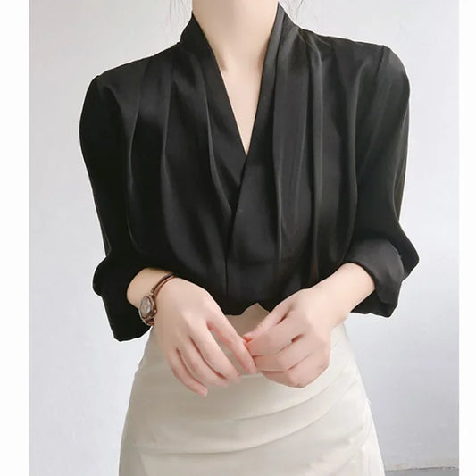 Elegant Satin Women's Shirt V-Neck Design Summer Business Top Small Audience Professional Upper Apparel Female Fashion