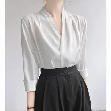 Elegant Satin Women's Shirt V-Neck Design Summer Business Top Small Audience Professional Upper Apparel Female Fashion