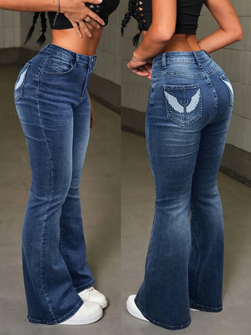 Y2k Casual Stretchy High Waist Wings Embroidered Flare Leg Jeans Sexy Retro Pocket Skinny Fitted Festival Jeans For Women